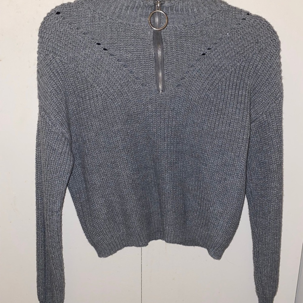 Fashion Nova Gray Cowl Half-Zip Sweater with Ring Pull